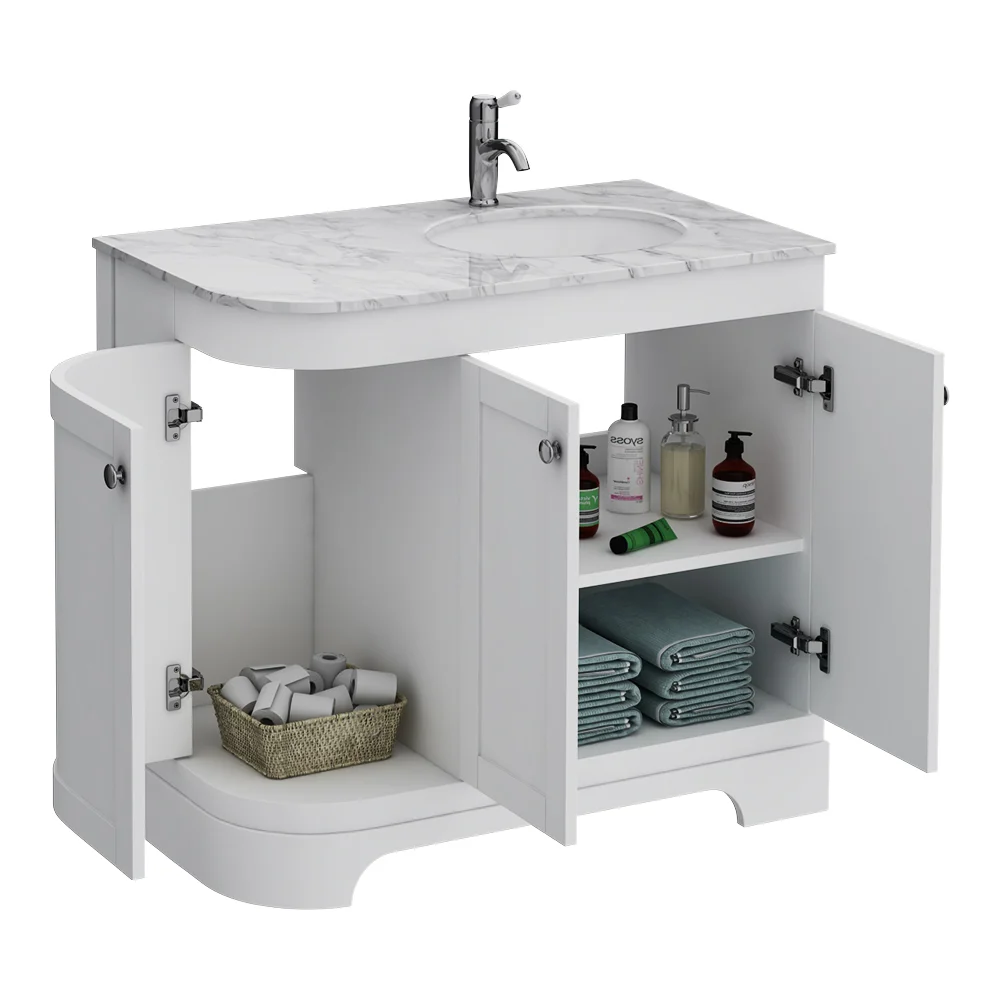 Period Bathroom Co. 920mm RH Offset Vanity Unit with White Marble Basin Top - White - Image 3
