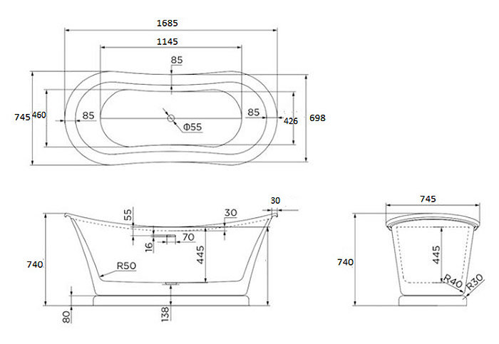 Trafalgar 1685 x 745 Double Ended Slipper Roll Top Bath - Image 3