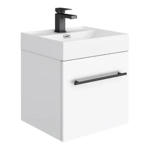 Valencia 450 Gloss White Minimalist Wall Hung Vanity Unit with Matt Black Handle