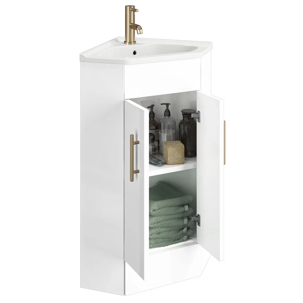 Venice Corner Vanity Unit - Gloss White - 590mm with Brushed Brass Handles - Image 2