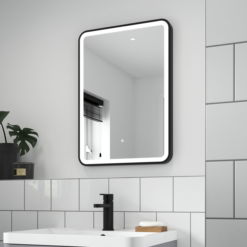 Arezzo Black Frame Rectangular LED Illuminated Anti-Fog Bathroom Mirror - 700 x 500mm