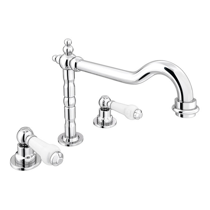 Chatsworth 1928 Traditional 3TH White Lever Deck Mounted Basin Mixer Tap with Curved Spout