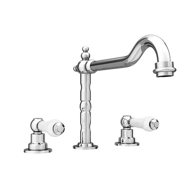 Chatsworth 1928 Traditional 3TH White Lever Deck Mounted Basin Mixer Tap with Curved Spout - Image 3