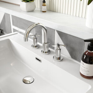 Roxbury Art Deco Chrome Deck Mounted (3TH) Basin Mixer with Waste