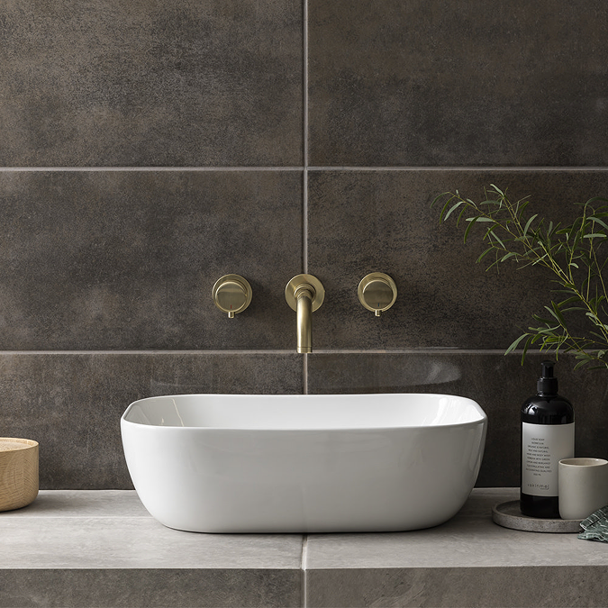 Arezzo Round Brushed Brass Wall Mounted (3TH) Basin Mixer Tap - Image 2