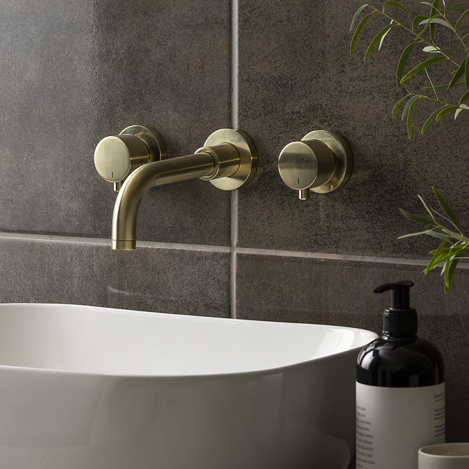 Arezzo Round Brushed Brass Wall Mounted (3TH) Basin Mixer Tap - Image 3