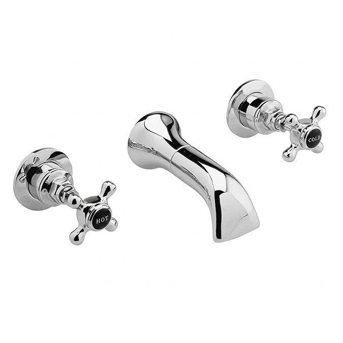 Bayswater Crosshead Hex Collar 3 Hole Wall Mounted Basin Mixer Tap - Black/Chrome