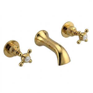 Bayswater Crosshead Hex Collar 3 Hole Wall Mounted Basin Mixer Tap - White/Brushed Brass