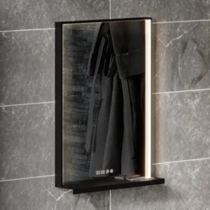Arezzo 500 x 700 Matt Black LED Mirror with Wireless Charging Shelf, Anti-Fog, Touch Sensor and Time Display