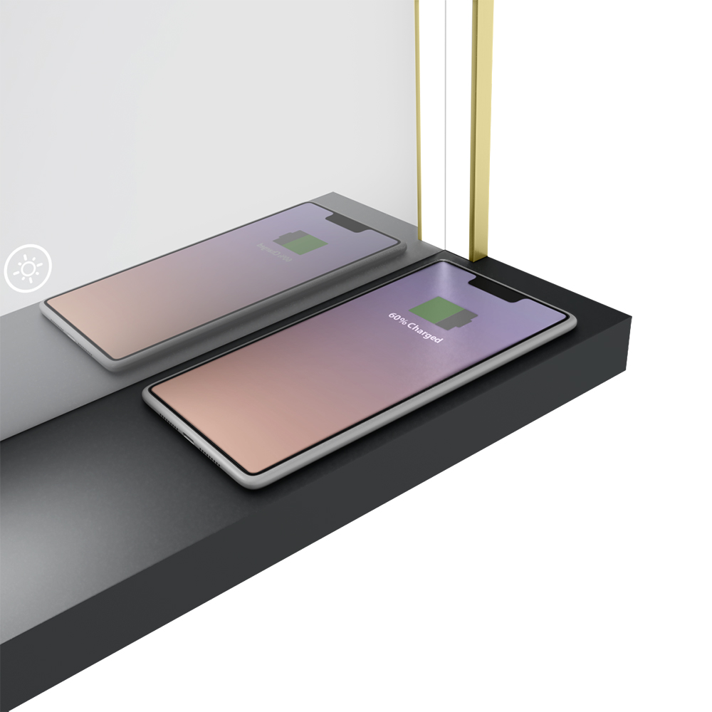 Arezzo 800 x 600 Brushed Brass LED Mirror with Wireless Charging Shelf, Anti-Fog, Touch Sensor and Time Display - Image 6