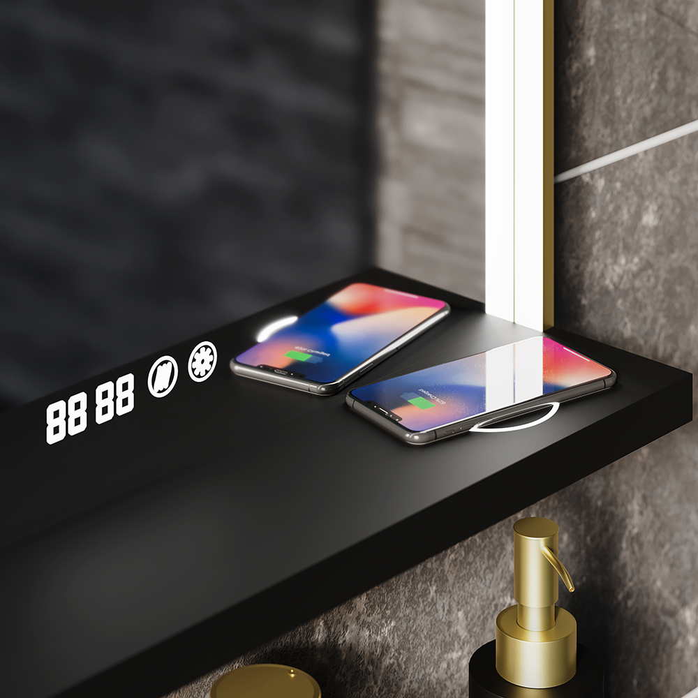 Arezzo 800 x 600 Brushed Brass LED Mirror with Wireless Charging Shelf, Anti-Fog, Touch Sensor and Time Display - Image 4
