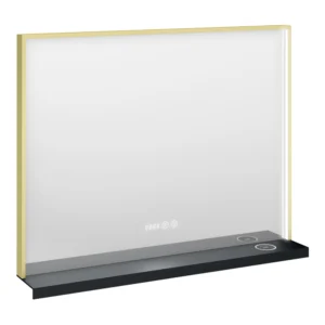 Arezzo 800 x 600 Brushed Brass LED Mirror with Wireless Charging Shelf, Anti-Fog, Touch Sensor and Time Display