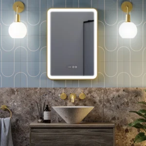 Arezzo Brushed Brass 500 x 700mm Rectangular LED Illuminated Anti-Fog Bathroom Mirror with Time Display