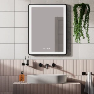 Arezzo Matt Black 600 x 800mm Rectangular LED Illuminated Anti-Fog Bathroom Mirror with Time Display