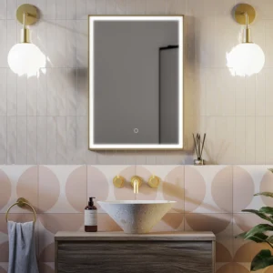 Arezzo Brushed Brass 500 x 700mm Rectangular LED Illuminated Anti-Fog Bathroom Mirror