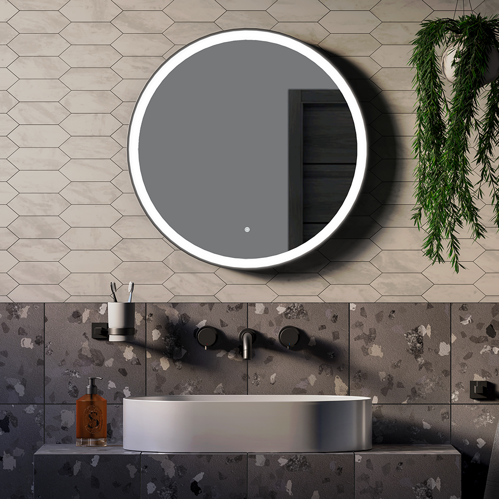 Arezzo Matt Black 600mm Round LED Illuminated Anti-Fog Bathroom Mirror