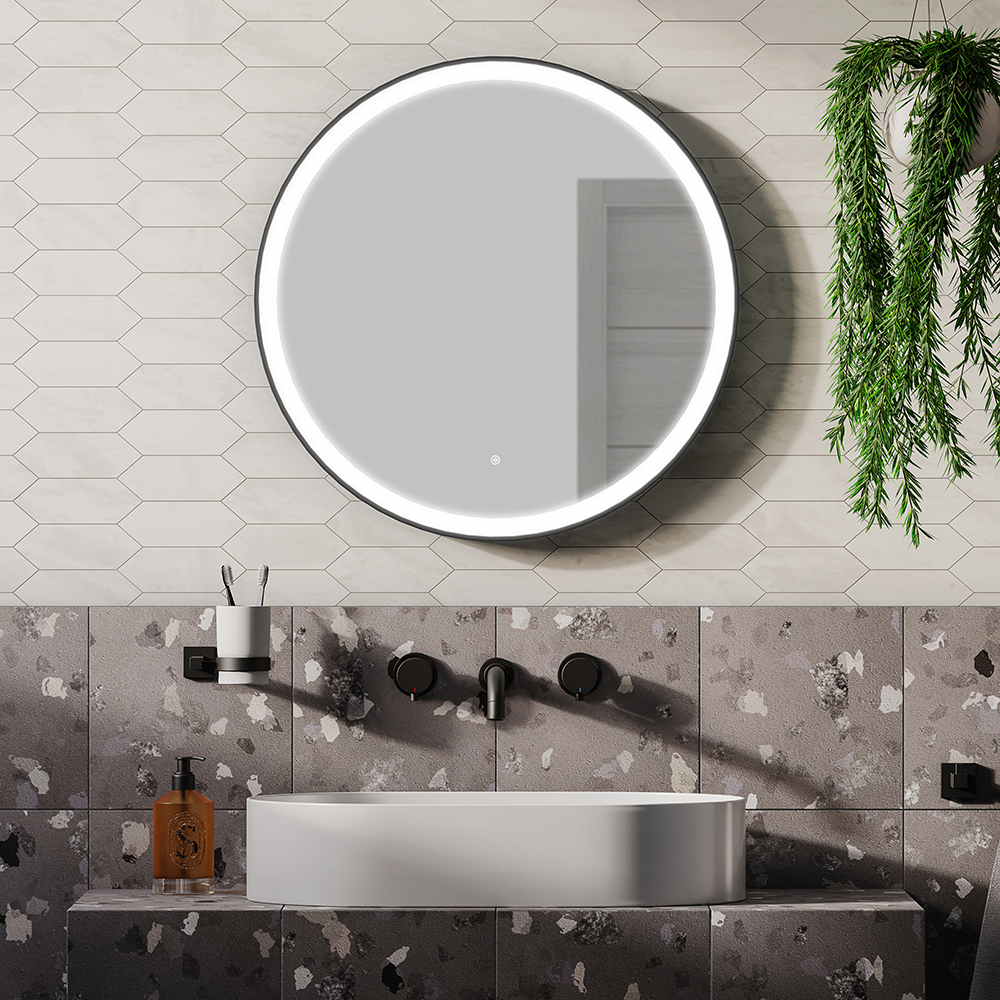 Arezzo Matt Black 600mm Round LED Illuminated Anti-Fog Bathroom Mirror - Image 6