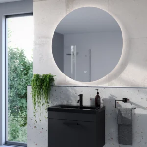 Arezzo 600mm Round LED Bathroom Mirror – Matt Black, Colour-Changing, Demister, Touch Sensor