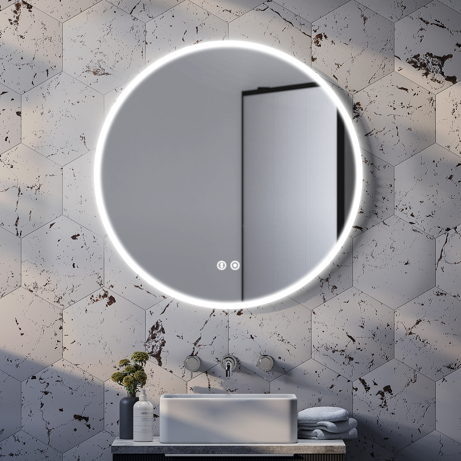 Arezzo Brushed Brass 800mm Round LED Illuminated Anti-Fog Bathroom Mirror - Image 6