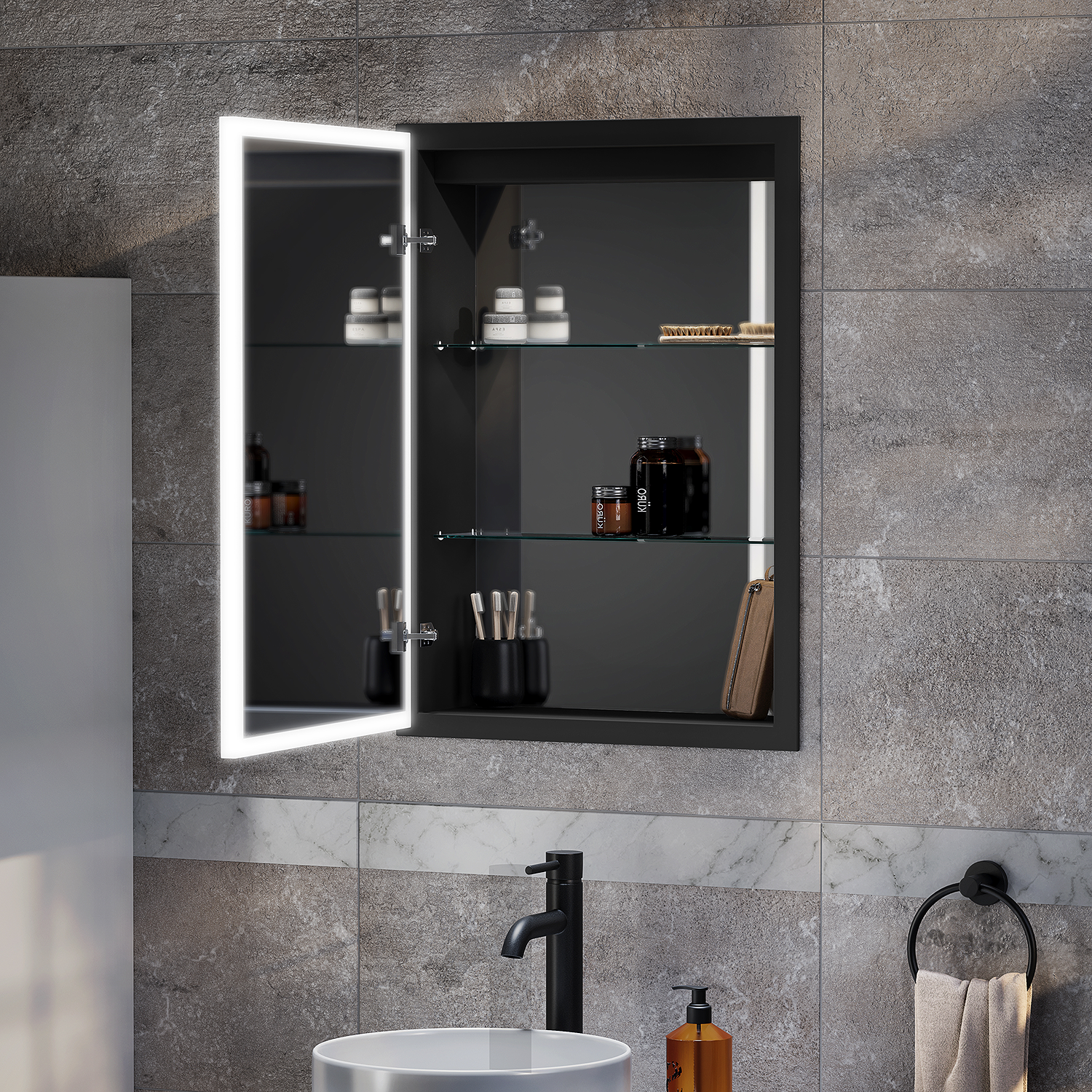 Arezzo 500 x 700mm Recessed LED Illuminated Bathroom Mirror Cabinet with Touch Sensor, Shaver Socket & Anti-Fog - Image 3