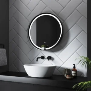 Arezzo Matt Black 600mm Round Colour Changing LED Illuminated Bathroom Mirror with Anti-Fog