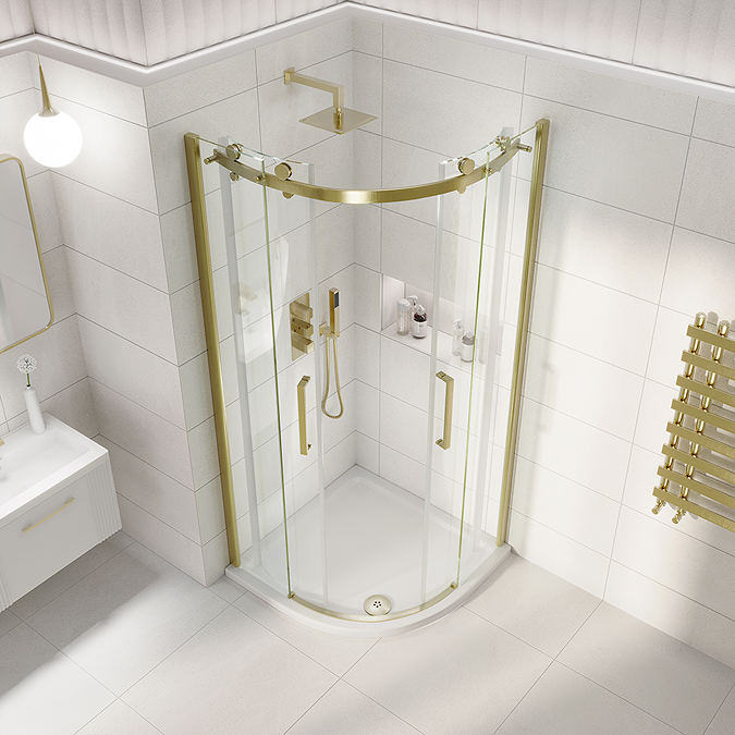 Arezzo Brushed Brass 900 x 900mm Frameless Quadrant Shower Enclosure - Image 2