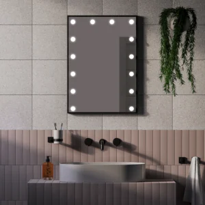 Arezzo Bulb Matt Black 500 x 700mm LED Illuminated Mirror with Motion Sensor + Anti-Fog