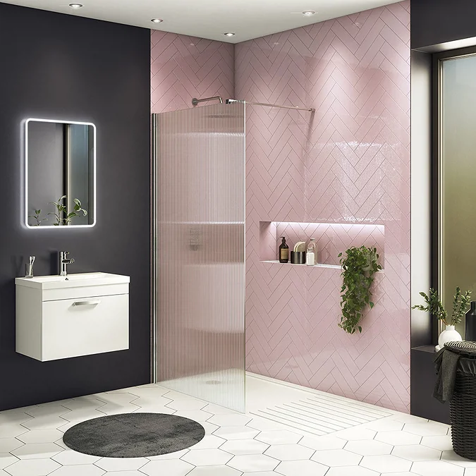 Arezzo 1400 x 900 Fluted Glass Chrome Profile Wet Room (800 Screen, Square Support Arm + Tray)