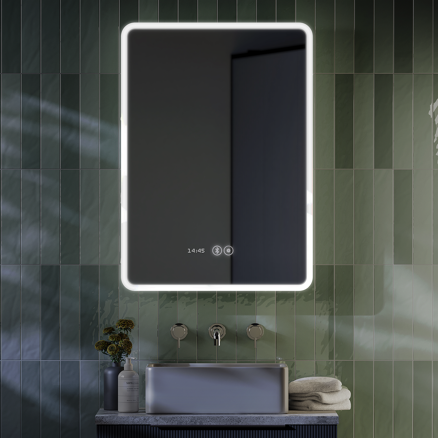 Toreno 500 x 700mm Ambient LED Bluetooth Mirror with Touch Sensor, Dimmer, Anti-Fog, Digital Clock and Shaving Port - Image 5