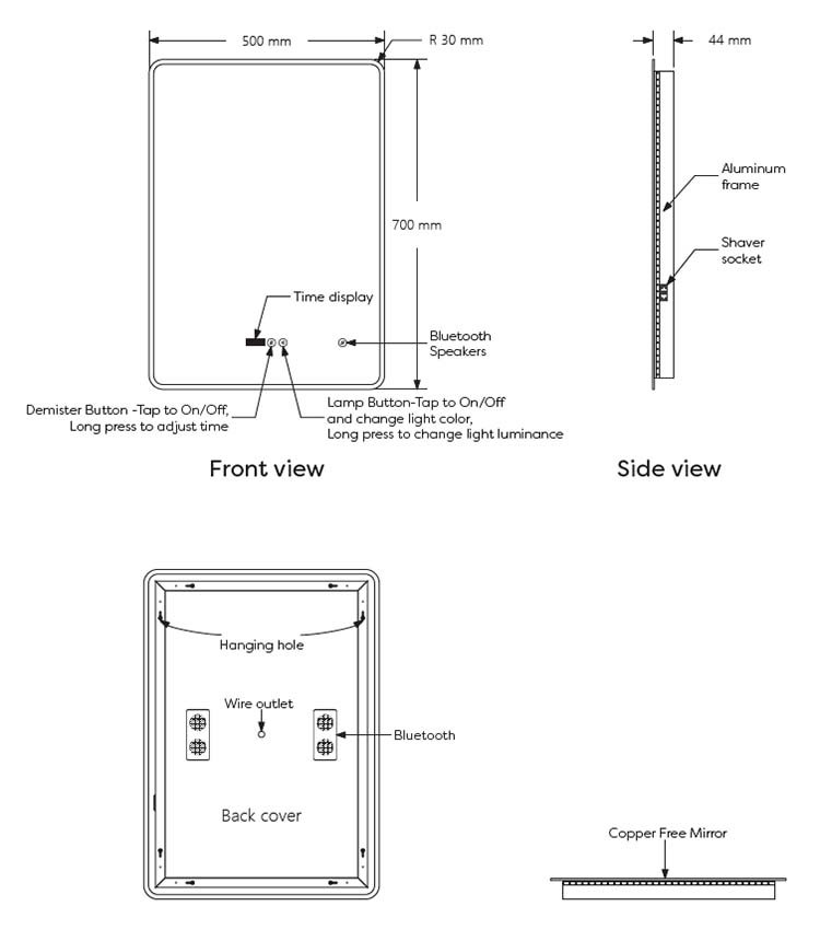 Toreno 500 x 700mm Ambient LED Bluetooth Mirror with Touch Sensor, Dimmer, Anti-Fog, Digital Clock and Shaving Port - Image 2