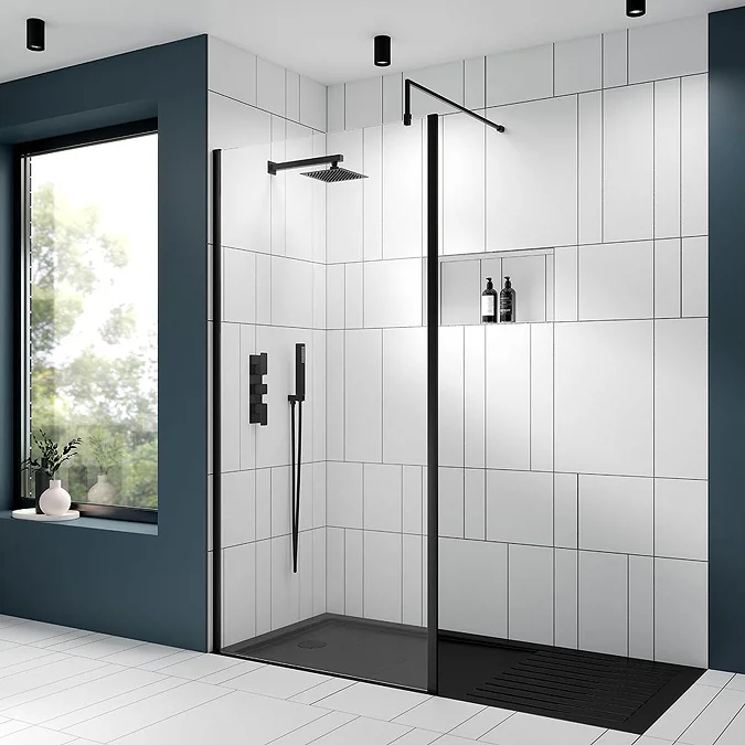 Venice Matt Black Outer Framed 8mm Wetroom Screen with Support Arm (1950mm High) - Image 2